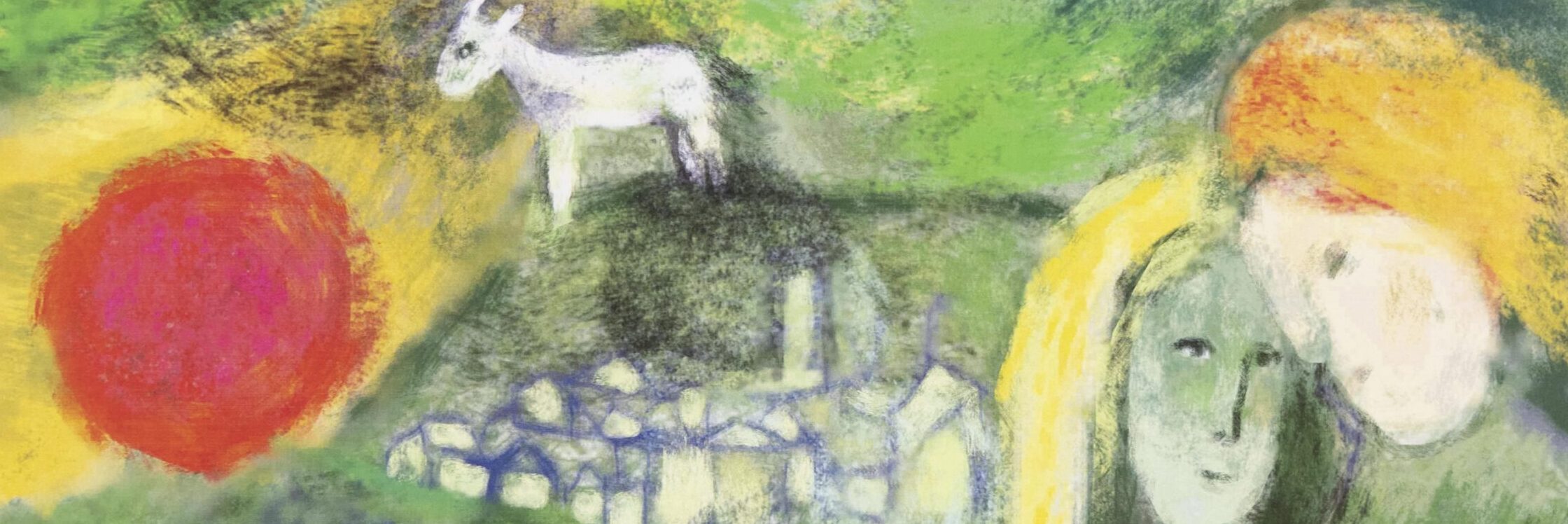 Rysunek przedstawia kobietę i mężczyznę w objęciach, obok stoi koza