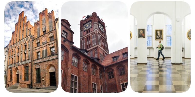 Kolaż trzech zdjęć. Białe kolumny, hol przed Salą Królewską w Ratuszu Staromiejskim. Środkowy Widom na Wieżę Ratuszową od strony dziedzińca wewnętrznego. Pierwszy z lewej - fasada Domu Mikołaja Kopernika.