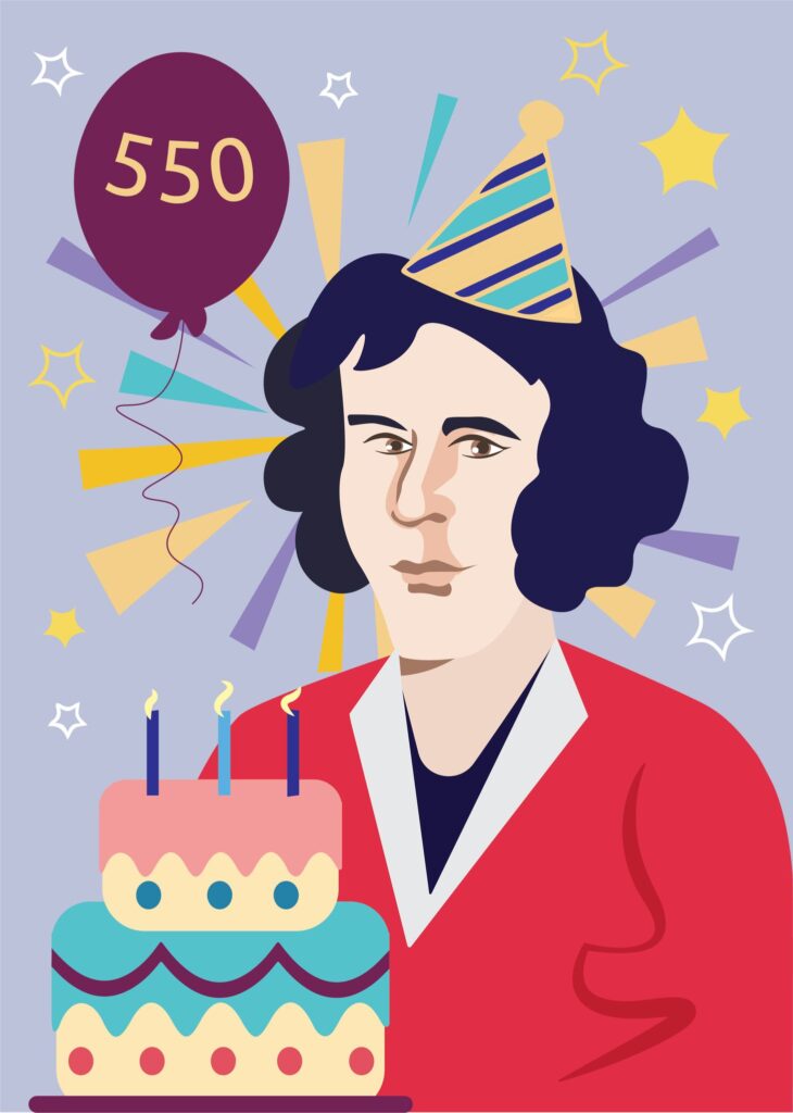 Animowana, kolorowa grafika przedstawiająca Mikołaja Kopernika w czerwonym stroju i urodzinową czapką na głowie. Trzyma dwupiętrowy tort ze świeczakami, nad którym powiewa balon z napisem 550.