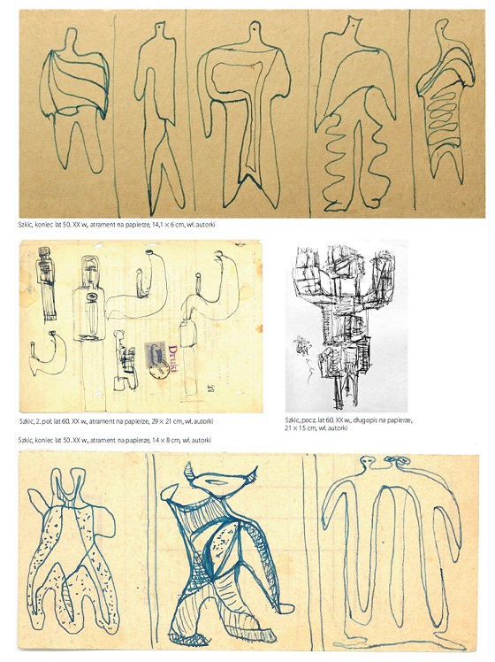 Strona z katalogu „HANNA BRZUSZKIEWICZ. Tworzywo i Tchnienie” - przedstawia cztery szkice artystki