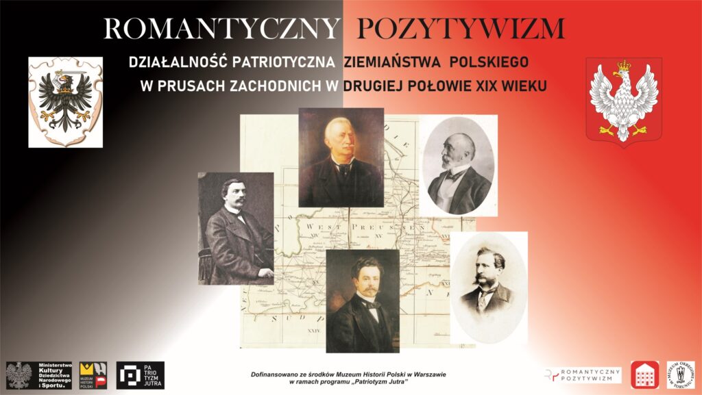 Plansza z fotografiami polscy ziemian żyjących w Prusach Zachodnich na tle mapy