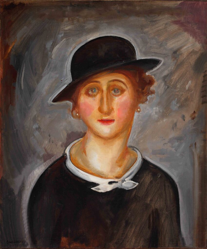 kobieta w kapeluszu, portret, czarna suknia , czarny kalepszu