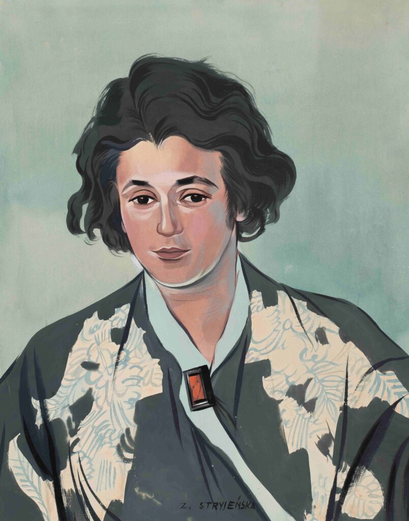 portret kobiety w kimonie, szara kolorystyka , włosy ciemne, oczyciemne