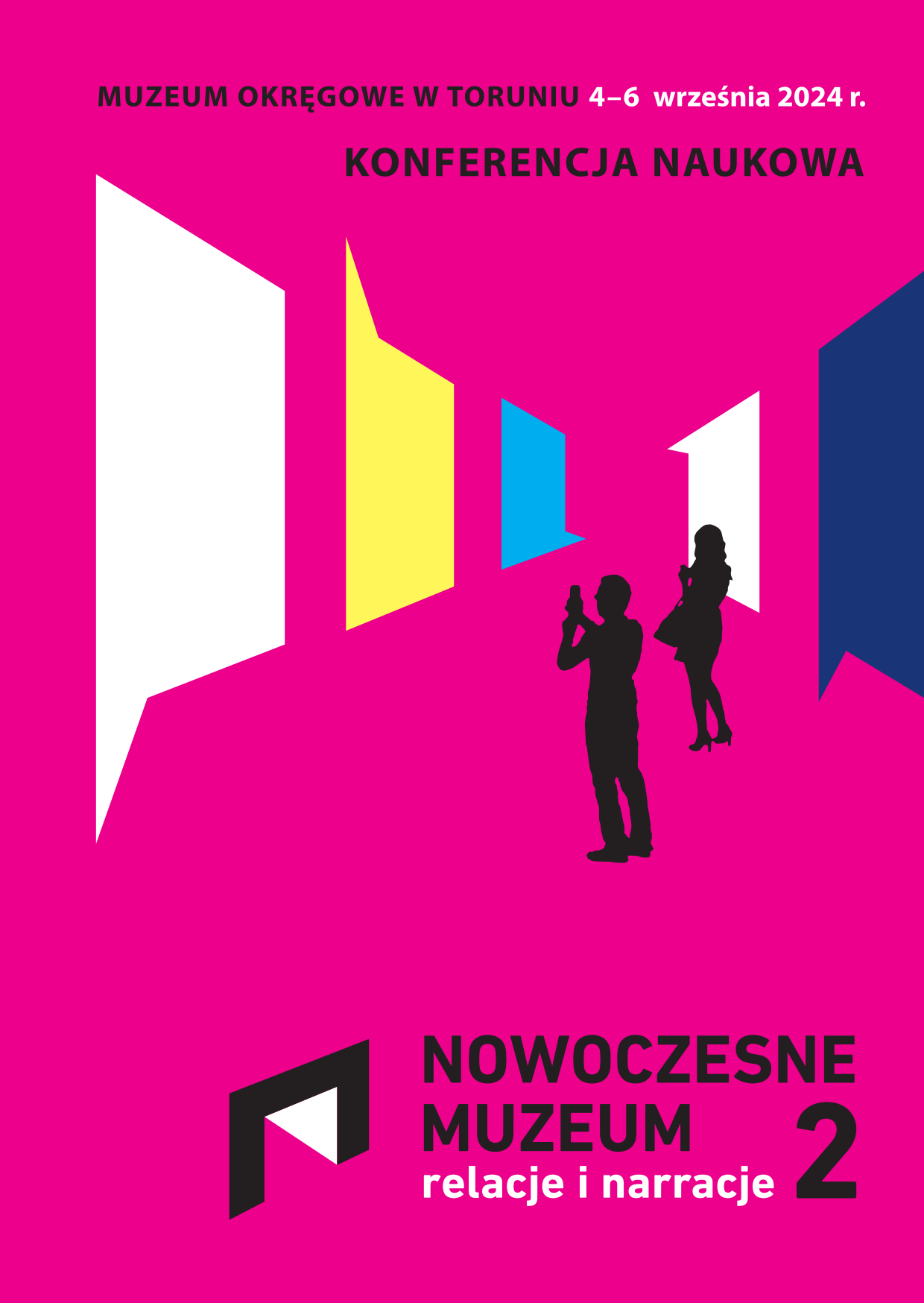 Na magentowym tle dwie czarne sylwetki mężczyzny i kobiety, w części centralnej kolorowe wizerunki obrazów