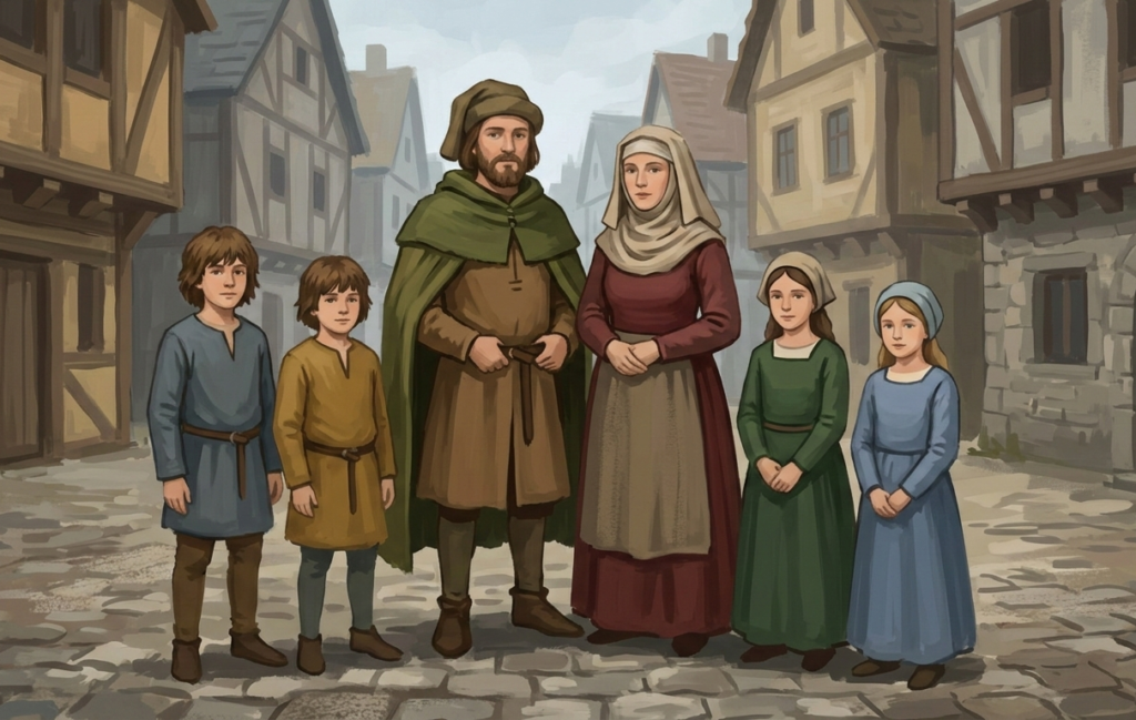 Grafika prezentująca kobietę i mężczyznę oraz czworo dzieci. 